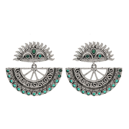 Traditional Indian Matte Silver Oxitised CZ Crystal Studded Drop Earring For Women - Silver Green (SJE_138_S_G)