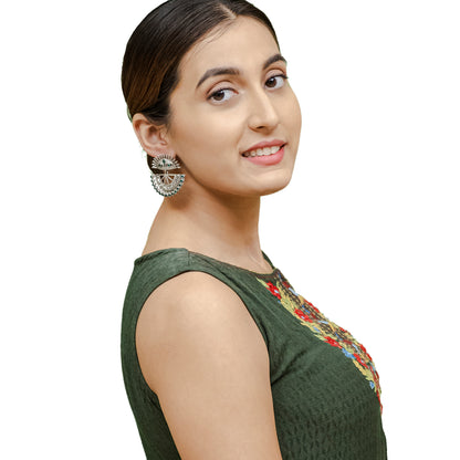 Traditional Indian Matte Silver Oxitised CZ Crystal Studded Drop Earring For Women - Silver Green (SJE_138_S_G)