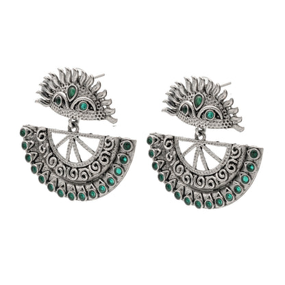 Traditional Indian Matte Silver Oxitised CZ Crystal Studded Drop Earring For Women - Silver Green (SJE_138_S_G)