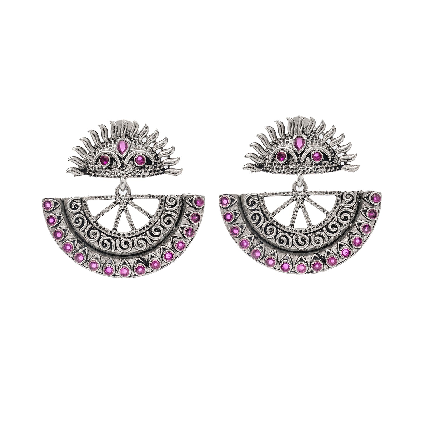 Traditional Indian Matte Silver Oxitised CZ Crystal Studded Drop Earring For Women - Silver Green (SJE_138_S_G)