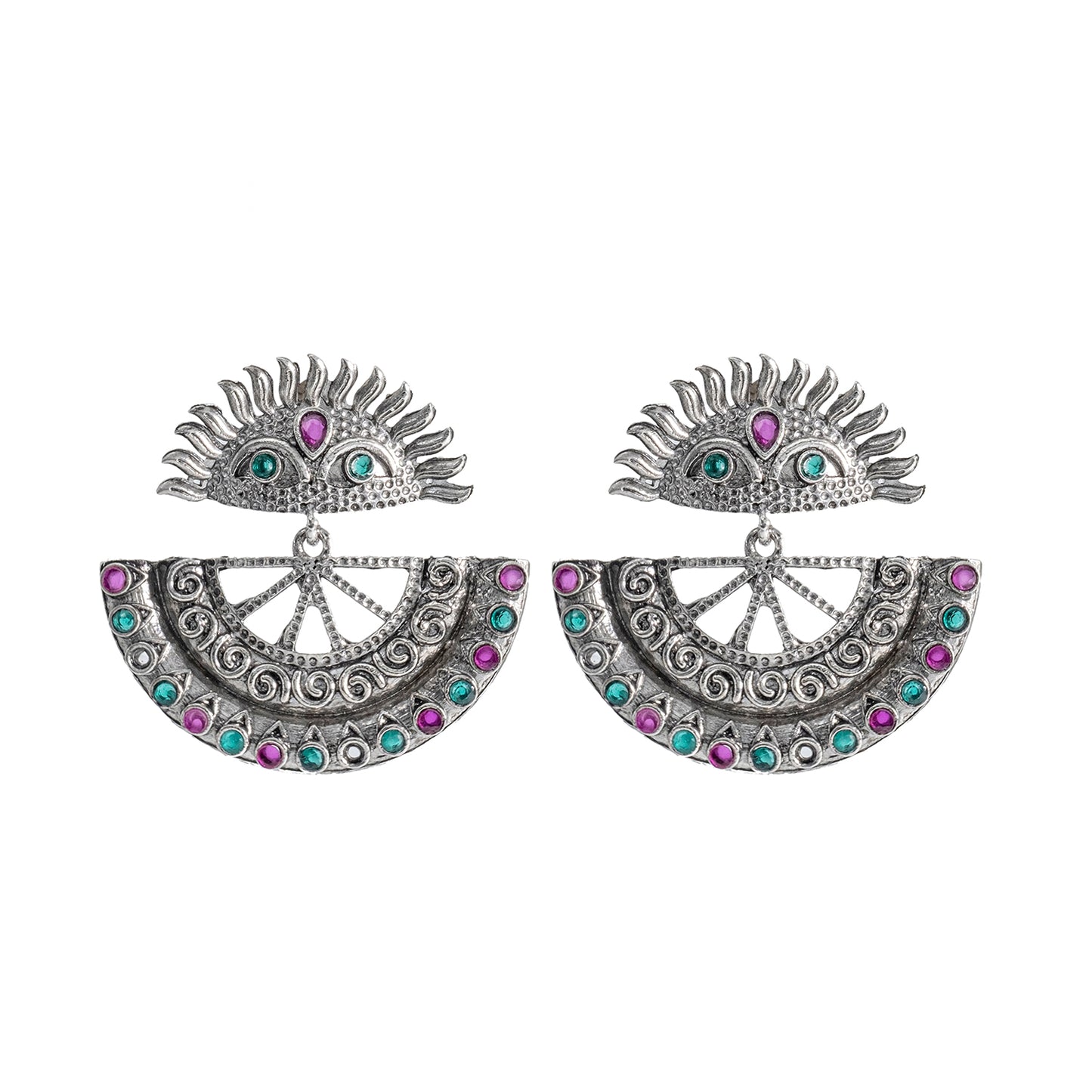 Traditional Indian Matte Silver Oxitised CZ Crystal Studded Drop Earring For Women - Silver Green (SJE_138_S_G)