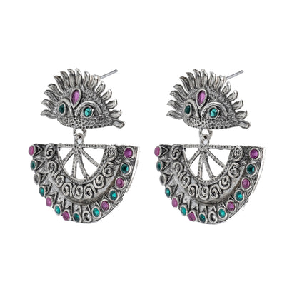 Traditional Indian Matte Silver Oxitised CZ Crystal Studded Drop Earring For Women - Silver Green (SJE_138_S_G)