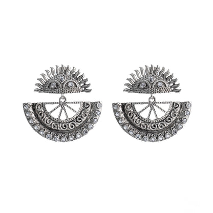 Traditional Indian Matte Silver Oxitised CZ Crystal Studded Drop Earring For Women - Silver Green (SJE_138_S_G)