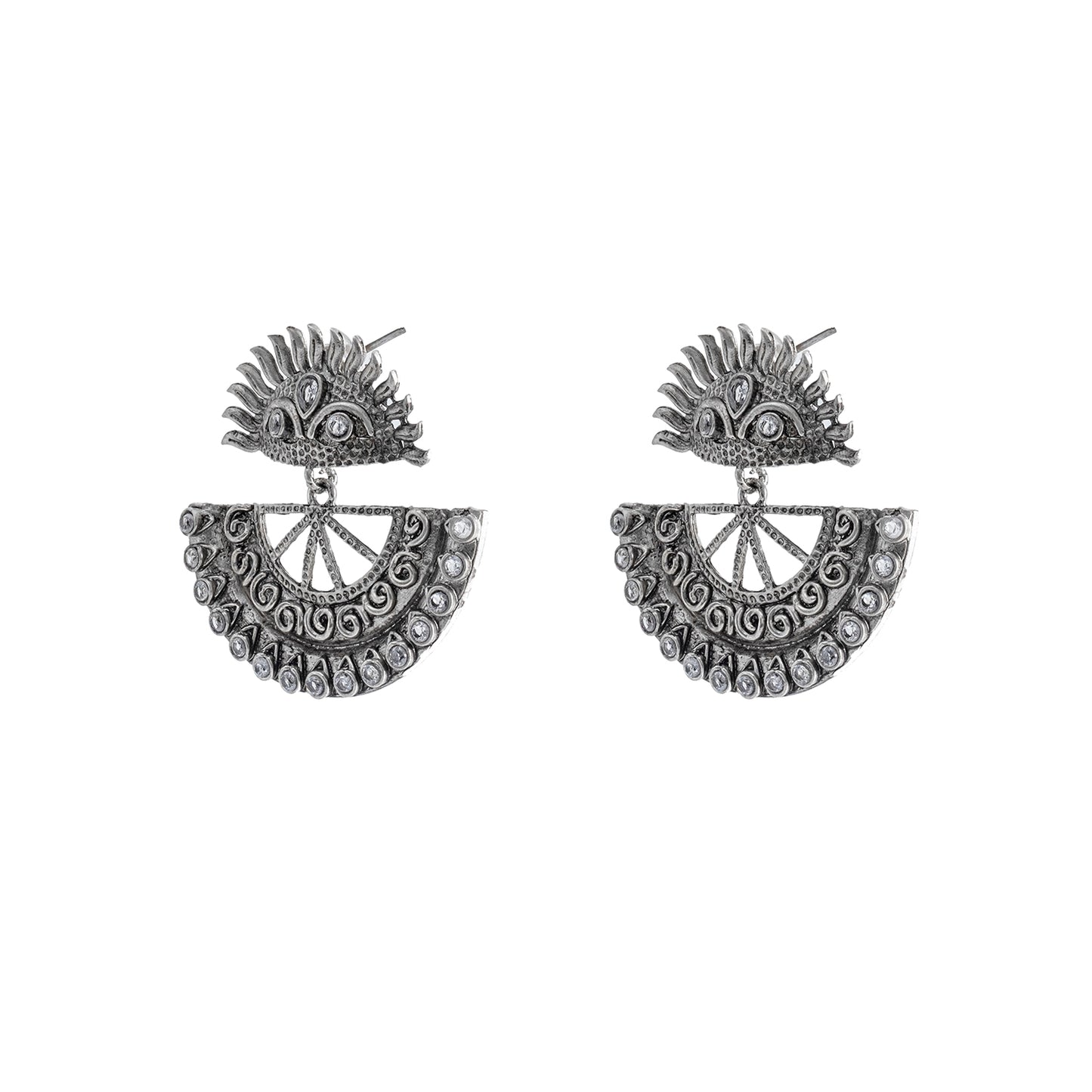 Traditional Indian Matte Silver Oxitised CZ Crystal Studded Drop Earring For Women - Silver Green (SJE_138_S_G)