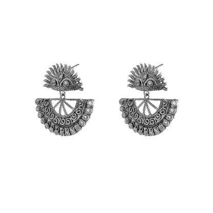 Traditional Indian Matte Silver Oxitised CZ Crystal Studded Drop Earring For Women - Silver Green (SJE_138_S_G)