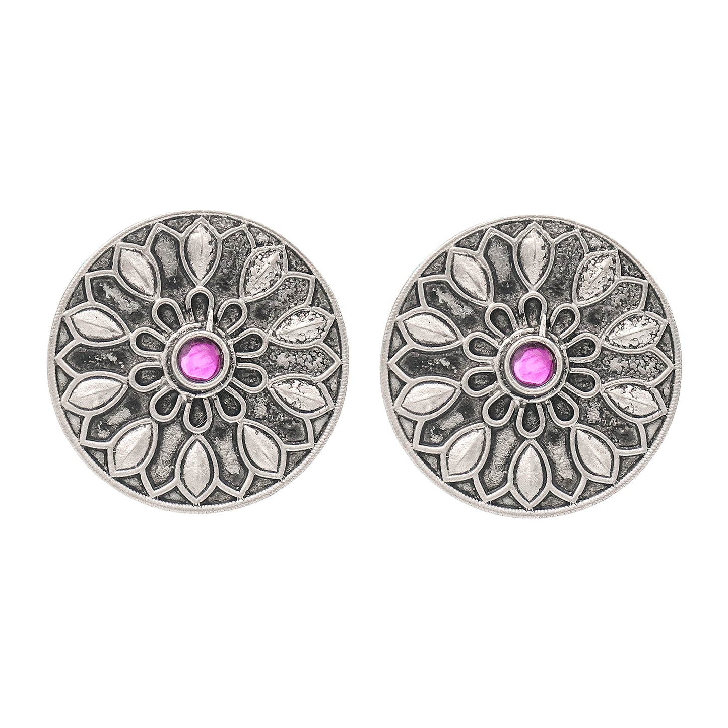 Traditional Indian Matte Silver Oxitised CZ Crystal Studded Motif Stud Earring For Women - Silver Blue (SJE_139_S_BL)