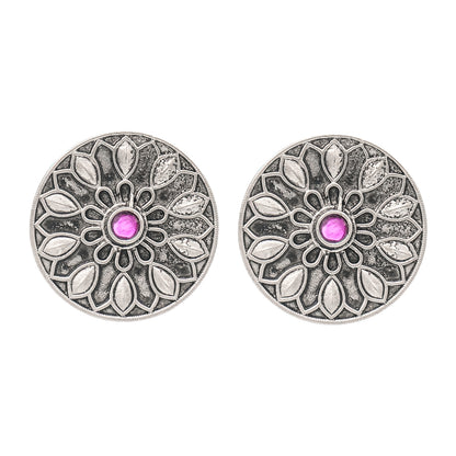 Traditional Indian Matte Silver Oxitised CZ Crystal Studded Motif Stud Earring For Women - Silver Blue (SJE_139_S_BL)