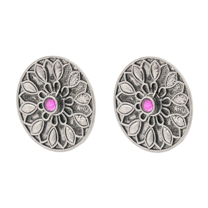 Traditional Indian Matte Silver Oxitised CZ Crystal Studded Motif Stud Earring For Women - Silver Blue (SJE_139_S_BL)