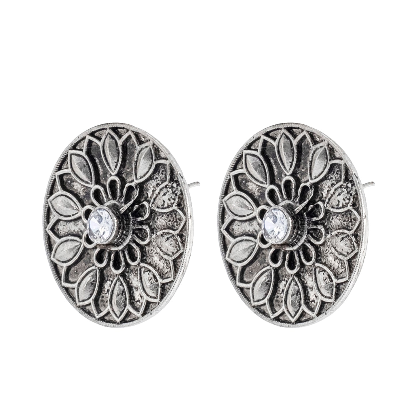 Traditional Indian Matte Silver Oxitised CZ Crystal Studded Motif Stud Earring For Women - Silver Blue (SJE_139_S_BL)