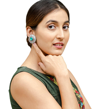 Shining Jewel Traditional Indian Matte Silver Oxitised CZ, Crystal Studded Drop Earring For Women - Silver Green (SJE_140_S_G)