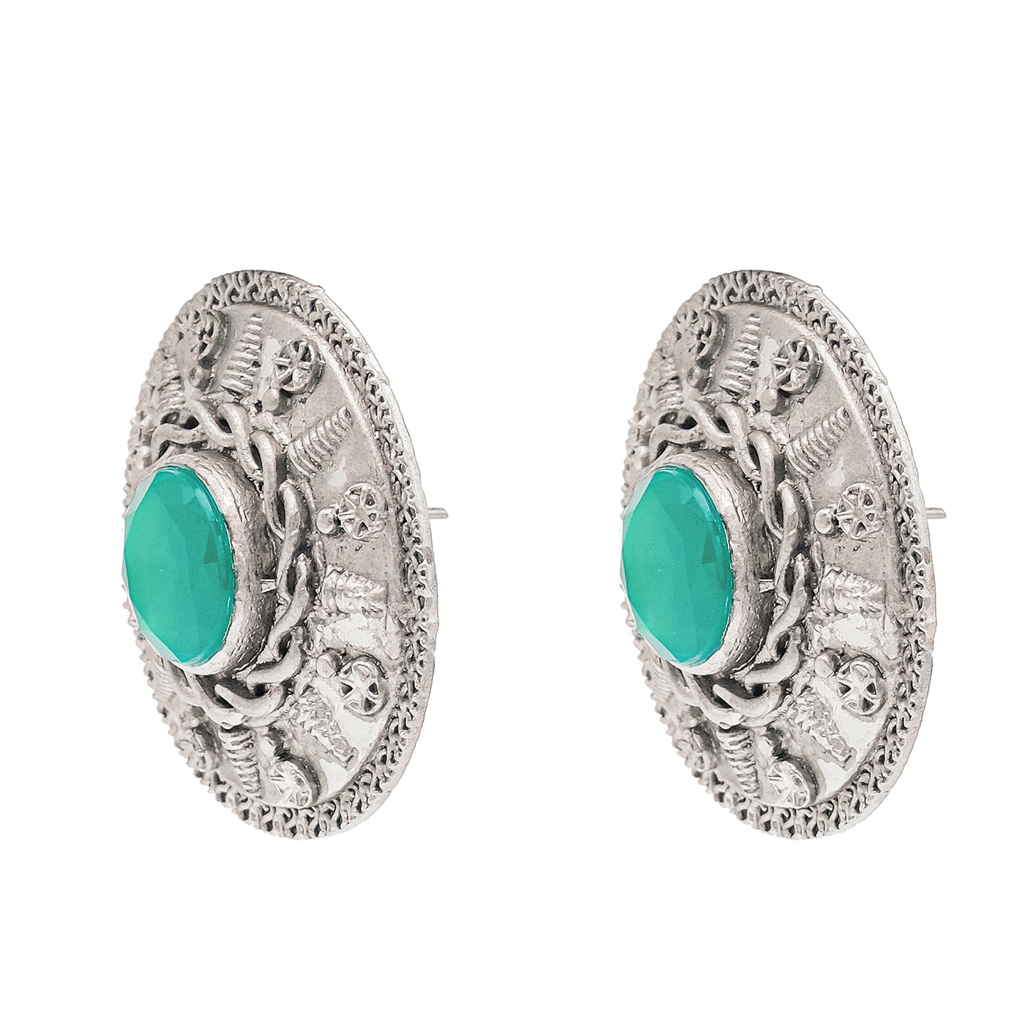 Traditional Indian Matte Silver Oxitised CZ Crystal Studded Drop Earring For Women - Silver Green (SJE_140_S_G)