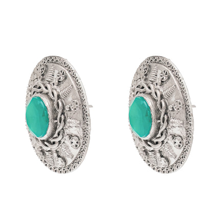 Traditional Indian Matte Silver Oxitised CZ Crystal Studded Drop Earring For Women - Silver Green (SJE_140_S_G)