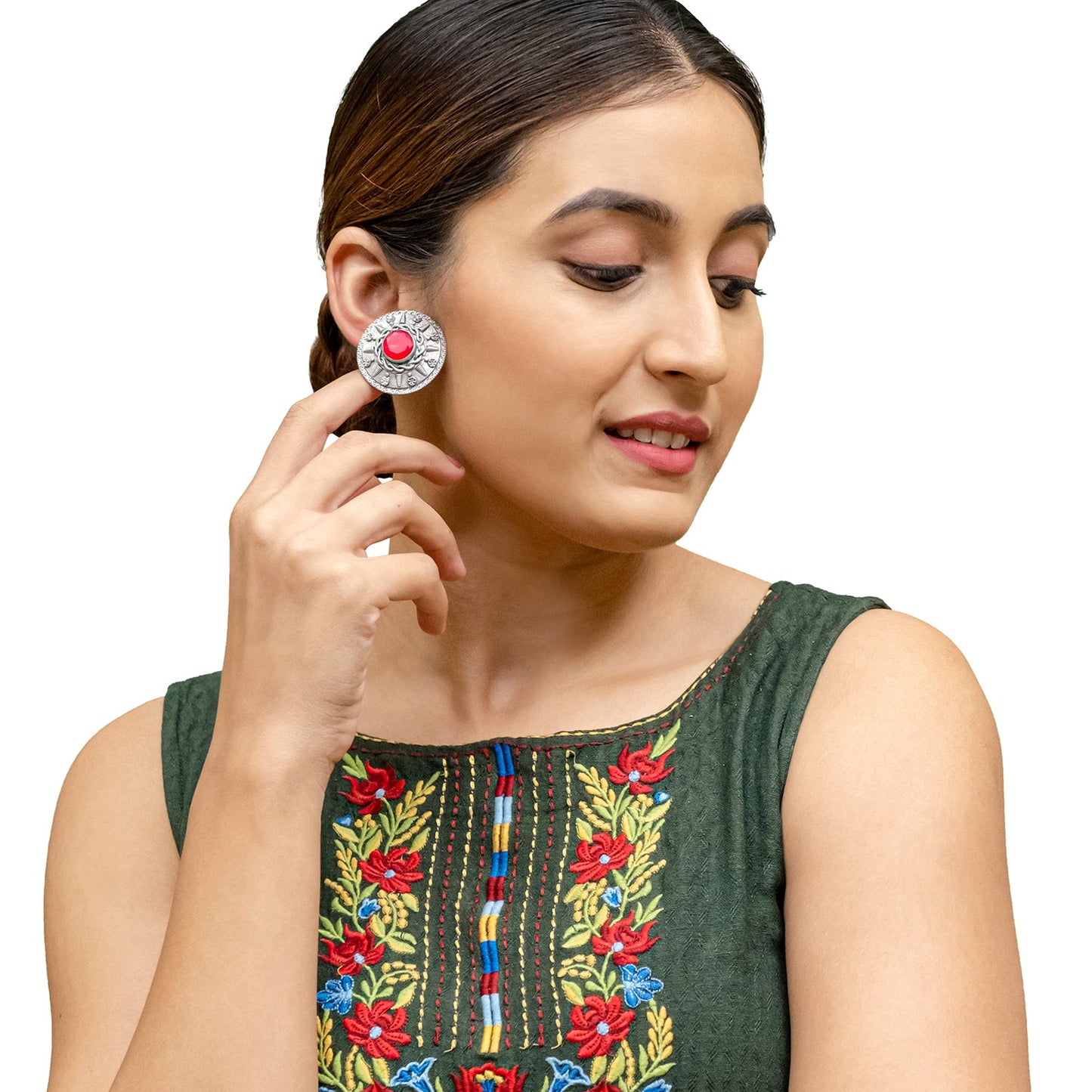 Shining Jewel Traditional Indian Matte Silver Oxitised CZ, Crystal Studded Drop Earring For Women - Silver Maroon (SJE_136_S_M)