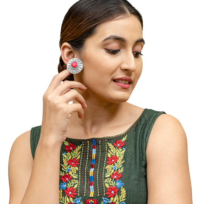 Traditional Indian Matte Silver Oxitised CZ Crystal Studded Drop Earring For Women - Silver Green (SJE_140_S_G)