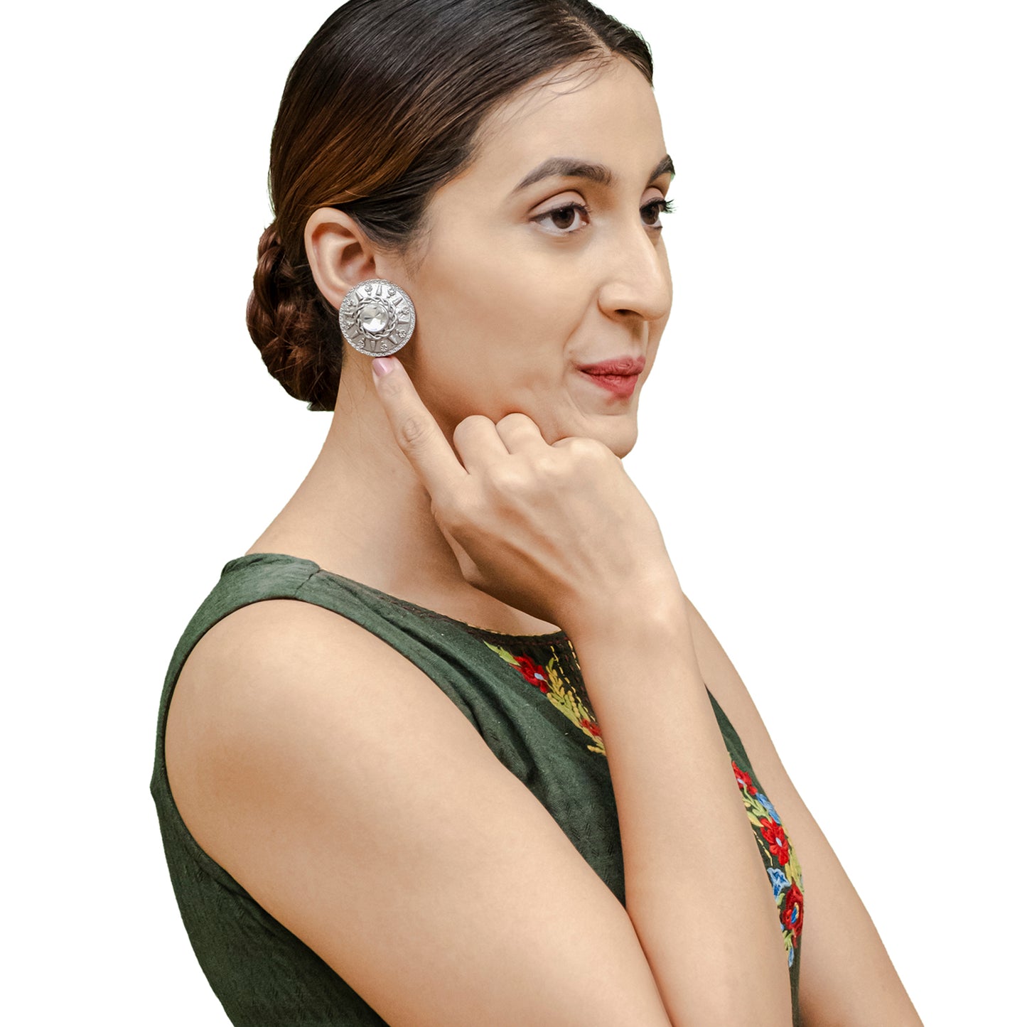 Traditional Indian Matte Silver Oxitised CZ Crystal Studded Drop Earring For Women - Silver Green (SJE_140_S_G)