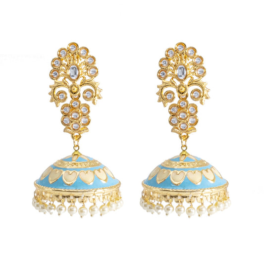 Shining Jewel Traditional Indian Gold Plated Kundan CZ, Crystal Meenakari,Enamel Studded Jhumka Earring For Women - Gold Blue (SJE_141_G_BL)