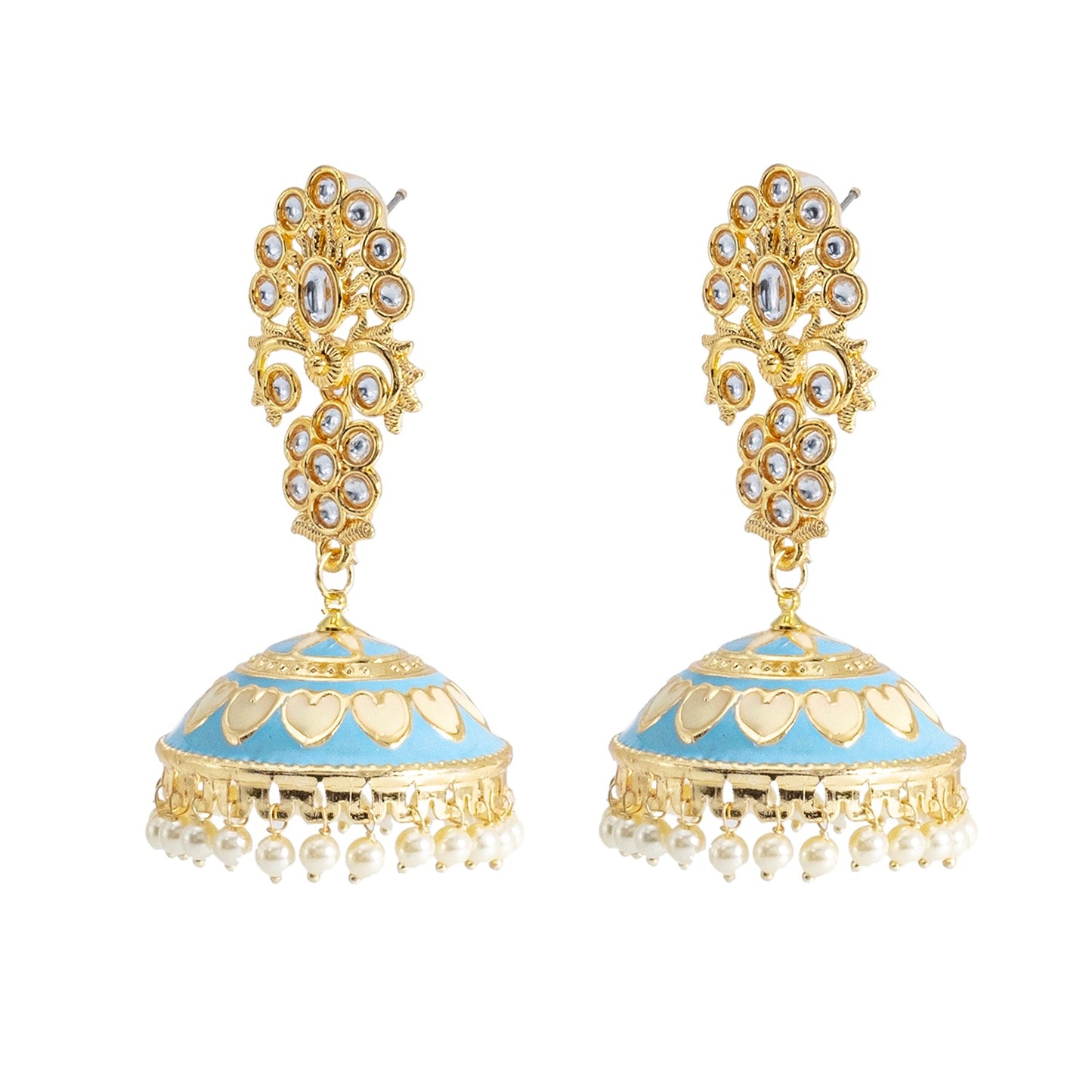 Shining Jewel Traditional Indian Gold Plated Kundan CZ, Crystal Meenakari,Enamel Studded Jhumka Earring For Women - Gold Blue (SJE_141_G_BL)