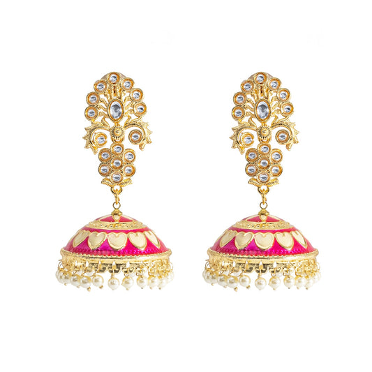 Shining Jewel Traditional Indian Gold Plated Kundan CZ, Crystal Meenakari,Enamel Studded Jhumka Earring For Women - Gold,Pink (SJE_141_G_P)