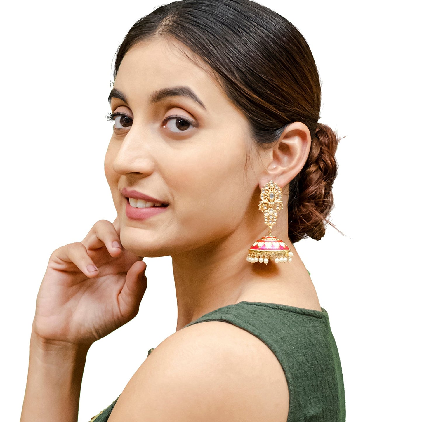 Shining Jewel Traditional Indian Gold Plated Kundan CZ, Crystal Meenakari,Enamel Studded Jhumka Earring For Women - Gold,Pink (SJE_141_G_P)