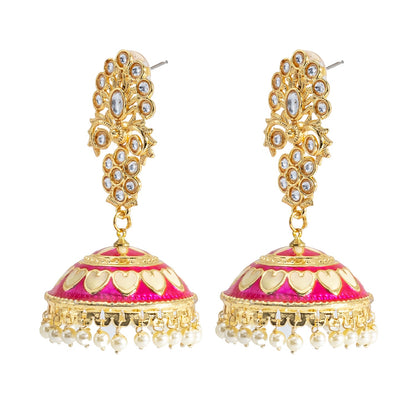 Shining Jewel Traditional Indian Gold Plated Kundan CZ, Crystal Meenakari,Enamel Studded Jhumka Earring For Women - Gold,Pink (SJE_141_G_P)