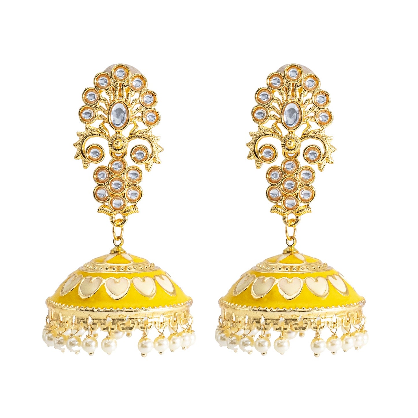 Shining Jewel Traditional Indian Gold Plated Kundan CZ, Crystal Meenakari,Enamel Studded Jhumka Earring For Women - Gold Yellow (SJE_141_G_Y)