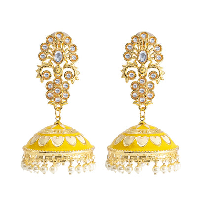 Shining Jewel Traditional Indian Gold Plated Kundan CZ, Crystal Meenakari,Enamel Studded Jhumka Earring For Women - Gold Yellow (SJE_141_G_Y)