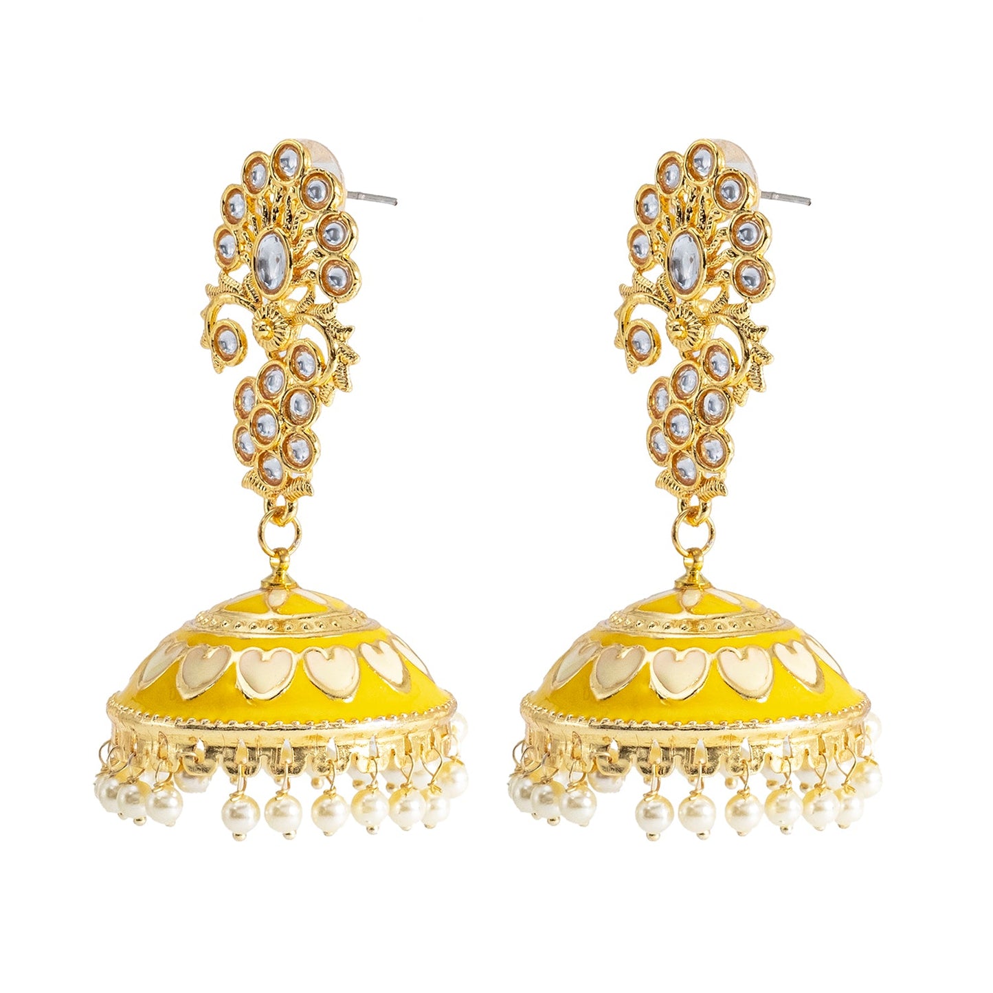 Shining Jewel Traditional Indian Gold Plated Kundan CZ, Crystal Meenakari,Enamel Studded Jhumka Earring For Women - Gold Yellow (SJE_141_G_Y)