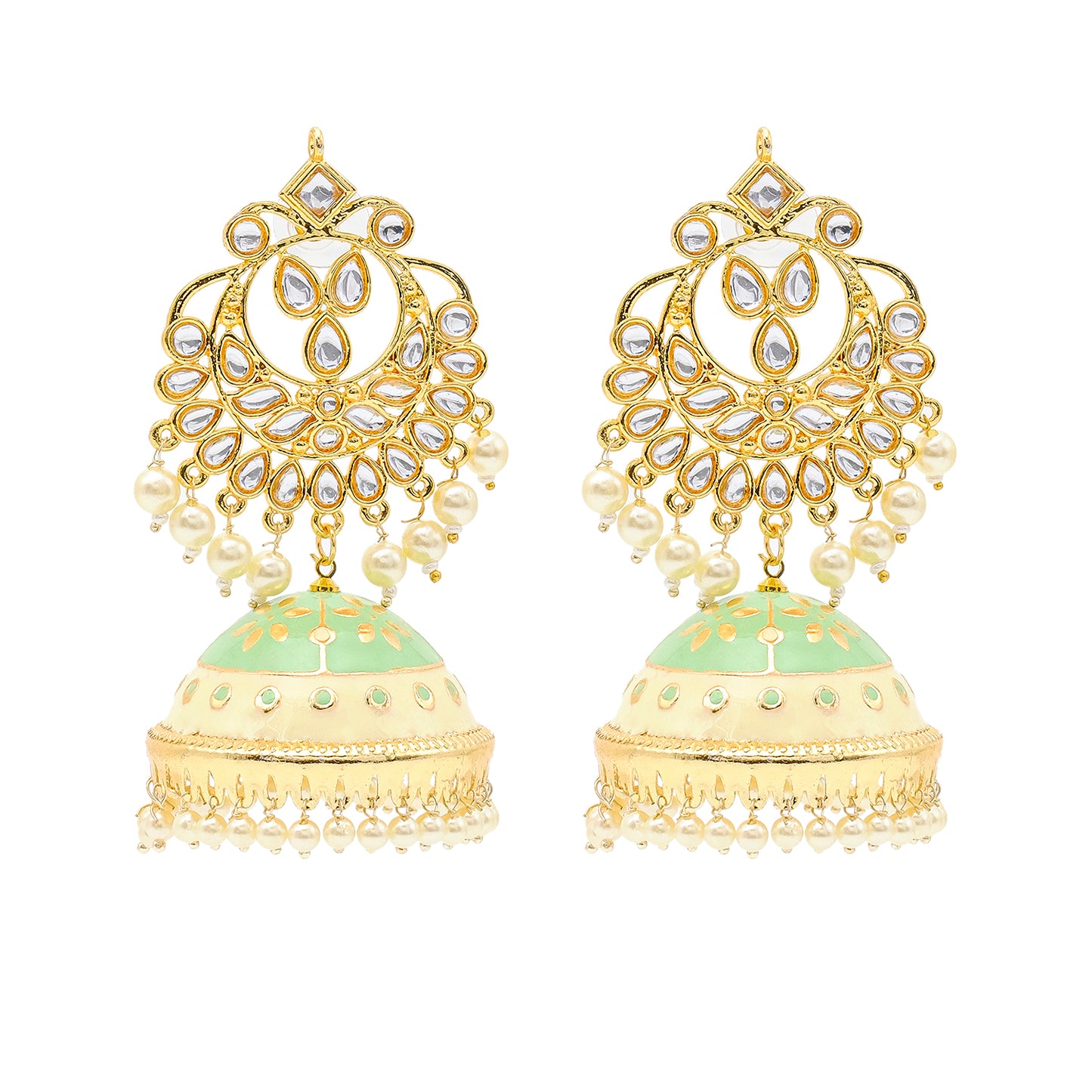 Traditional Indian Gold Plated Kundan CZ Crystal MeenakariEnamel Studded Jhumka Chand Bali Earring For Women-Gold Yellow (SJE_142_G_Y)