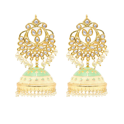 Traditional Indian Gold Plated Kundan CZ Crystal MeenakariEnamel Studded Jhumka Chand Bali Earring For Women-Gold Yellow (SJE_142_G_Y)