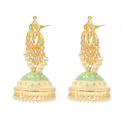 Traditional Indian Gold Plated Kundan CZ Crystal MeenakariEnamel Studded Jhumka Chand Bali Earring For Women-Gold Yellow (SJE_142_G_Y)