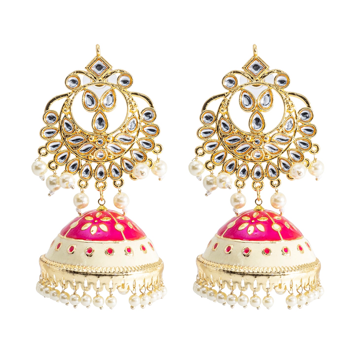 Traditional Indian Gold Plated Kundan CZ Crystal MeenakariEnamel Studded Jhumka Chand Bali Earring For Women-Gold Yellow (SJE_142_G_Y)