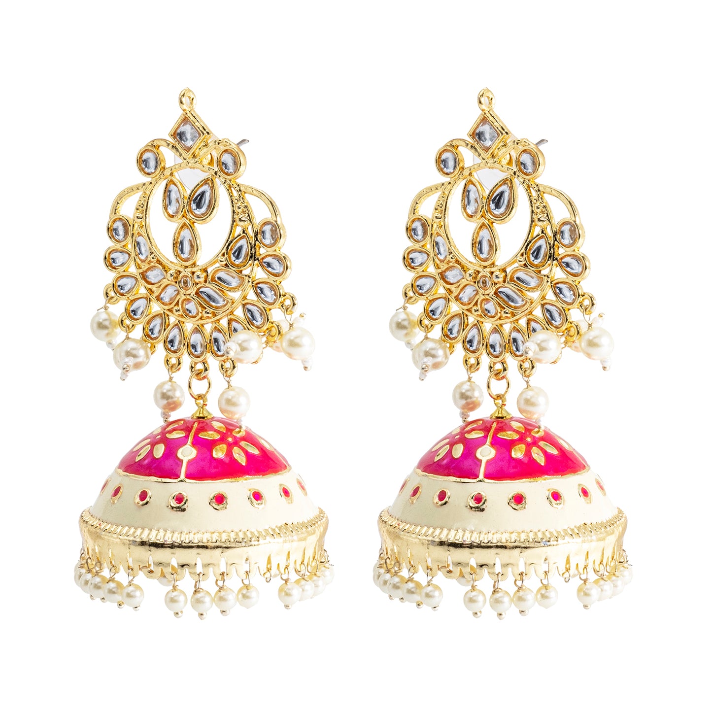 Traditional Indian Gold Plated Kundan CZ Crystal MeenakariEnamel Studded Jhumka Chand Bali Earring For Women-Gold Yellow (SJE_142_G_Y)