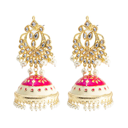 Traditional Indian Gold Plated Kundan CZ Crystal MeenakariEnamel Studded Jhumka Chand Bali Earring For Women-Gold Yellow (SJE_142_G_Y)