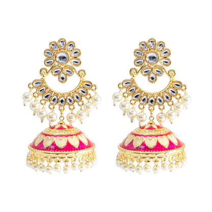 Shining Jewel Traditional Indian Gold Plated Kundan CZ, Crystal Meenakari,Enamel Studded Jhumka Chand Bali Earring For Women - Gold Pink (SJE_143_G_P)