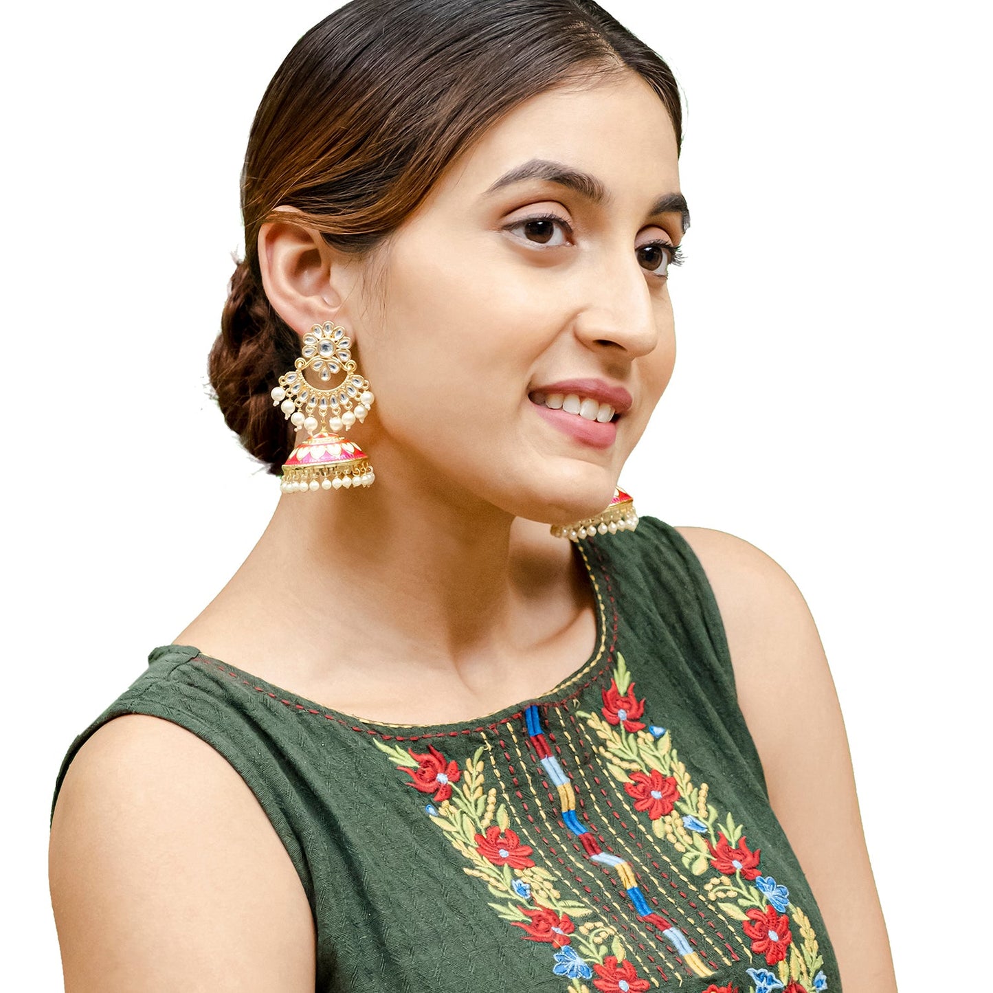 Shining Jewel Traditional Indian Gold Plated Kundan CZ, Crystal Meenakari,Enamel Studded Jhumka Chand Bali Earring For Women - Gold Pink (SJE_143_G_P)