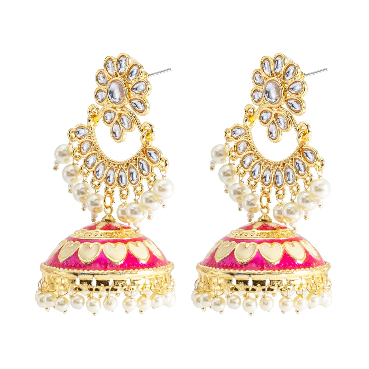 Shining Jewel Traditional Indian Gold Plated Kundan CZ, Crystal Meenakari,Enamel Studded Jhumka Chand Bali Earring For Women - Gold Pink (SJE_143_G_P)