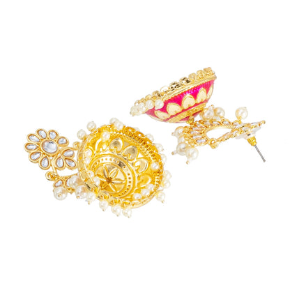 Shining Jewel Traditional Indian Gold Plated Kundan CZ, Crystal Meenakari,Enamel Studded Jhumka Chand Bali Earring For Women - Gold Pink (SJE_143_G_P)