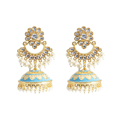 Shining Jewel Traditional Indian Gold Plated Kundan CZ, Crystal Meenakari,Enamel Studded Jhumka Chand Bali Earring For Women - Gold Blue (SJE_143_G_BL)