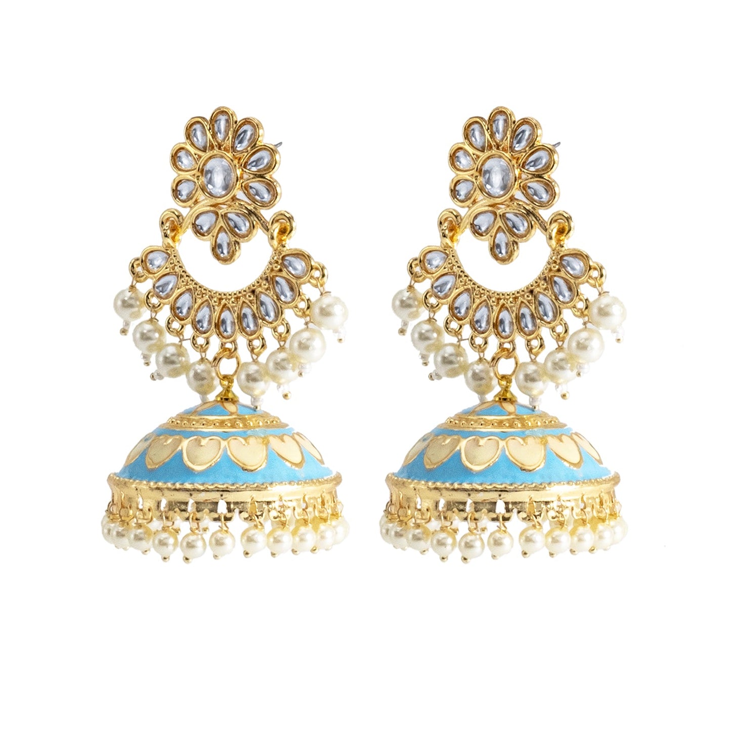 Shining Jewel Traditional Indian Gold Plated Kundan CZ, Crystal Meenakari,Enamel Studded Jhumka Chand Bali Earring For Women - Gold Blue (SJE_143_G_BL)