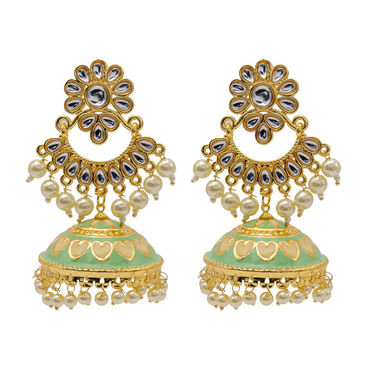 Shining Jewel Traditional Indian Gold Plated Kundan CZ, Crystal Meenakari,Enamel Studded Jhumka Chand Bali Earring For Women - Gold Light Green (SJE_143_G_LG)