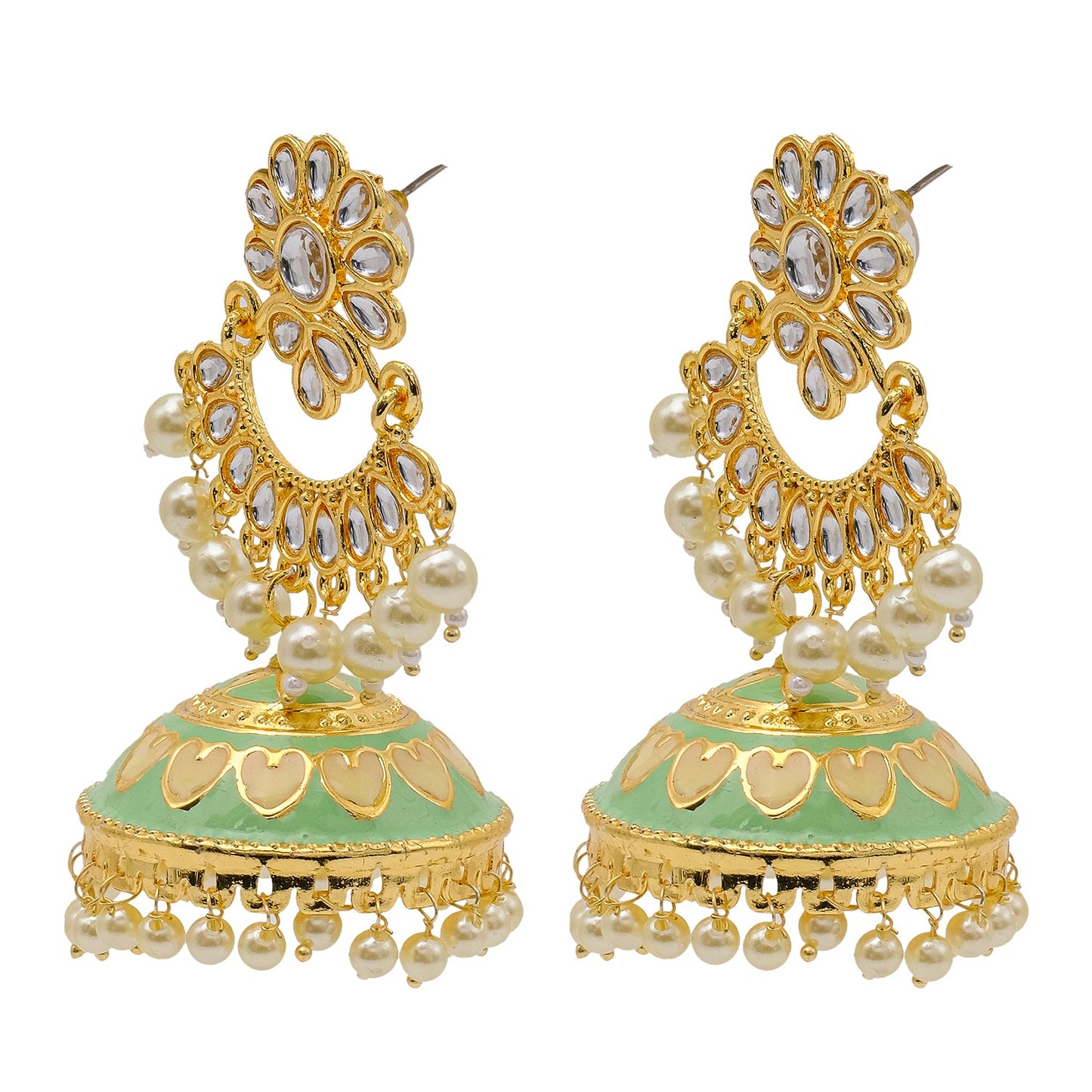 Shining Jewel Traditional Indian Gold Plated Kundan CZ, Crystal Meenakari,Enamel Studded Jhumka Chand Bali Earring For Women - Gold Light Green (SJE_143_G_LG)