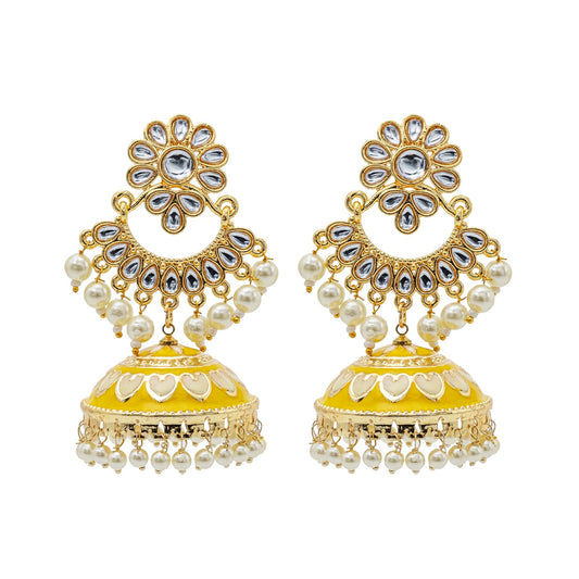 Shining Jewel Traditional Indian Gold Plated Kundan CZ, Crystal Meenakari,Enamel Studded Jhumka Chand Bali Earring For Women - Gold Yellow (SJE_143_G_Y)