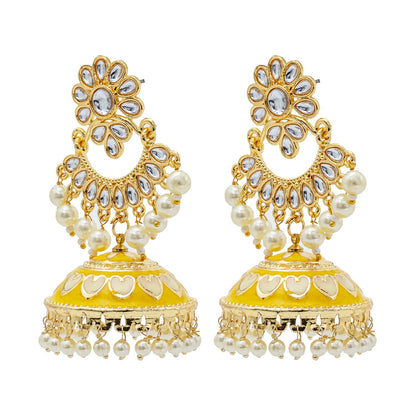 Shining Jewel Traditional Indian Gold Plated Kundan CZ, Crystal Meenakari,Enamel Studded Jhumka Chand Bali Earring For Women - Gold Yellow (SJE_143_G_Y)