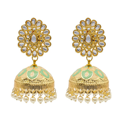 Shining Jewel Traditional Indian Gold Plated Kundan CZ, Crystal Meenakari,Enamel Studded Jhumka Earring For Women - Gold Light Green (SJE_144_G_LG)