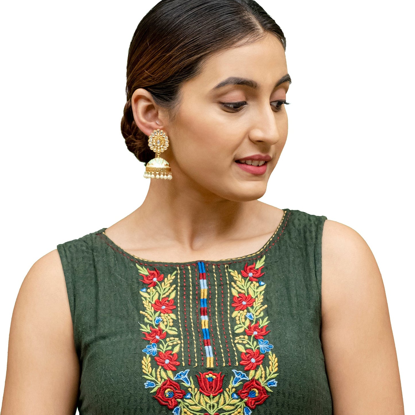 Shining Jewel Traditional Indian Gold Plated Kundan CZ, Crystal Meenakari,Enamel Studded Jhumka Earring For Women - Gold Light Green (SJE_144_G_LG)