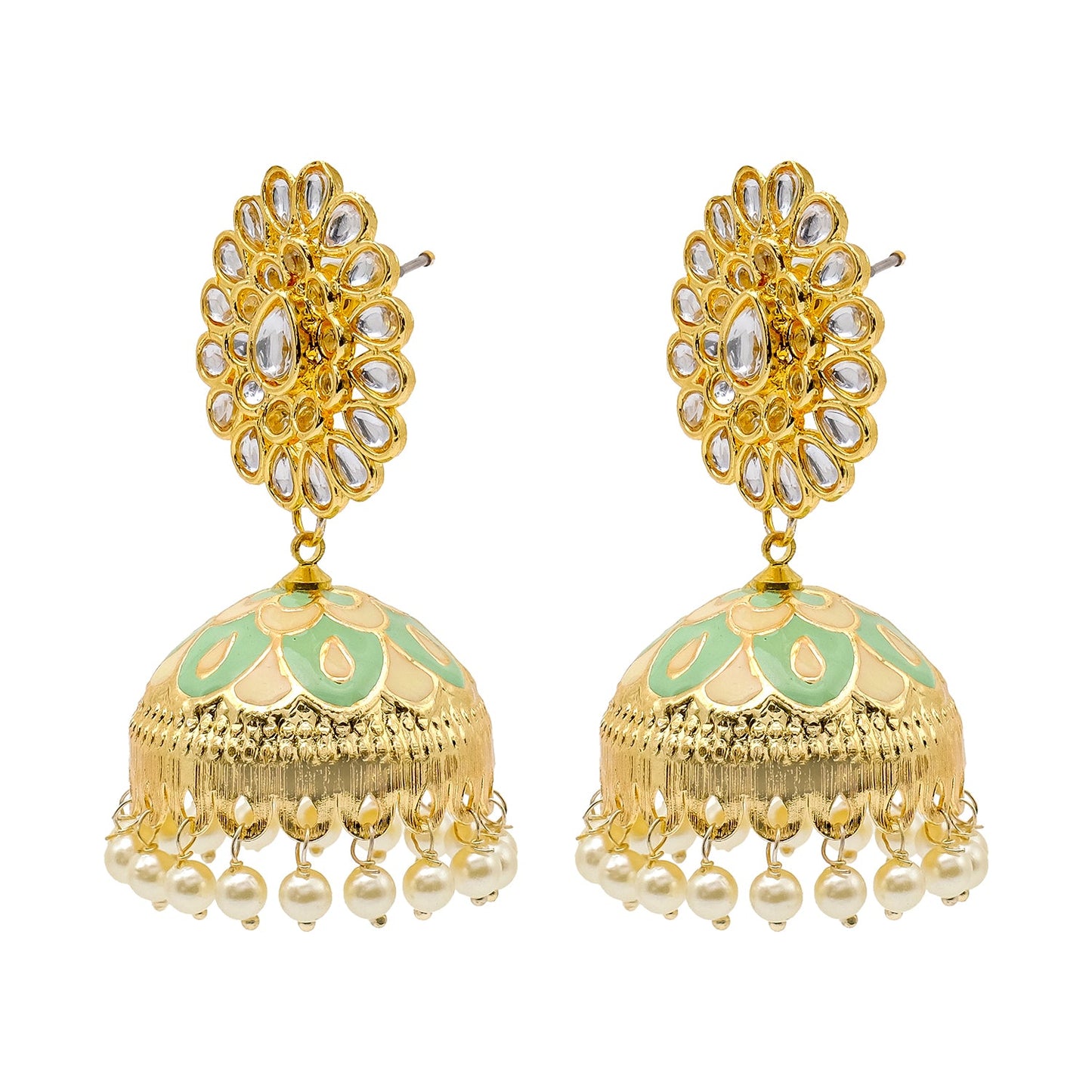 Shining Jewel Traditional Indian Gold Plated Kundan CZ, Crystal Meenakari,Enamel Studded Jhumka Earring For Women - Gold Light Green (SJE_144_G_LG)