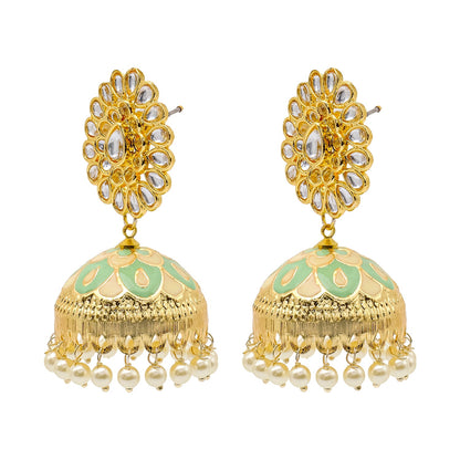 Shining Jewel Traditional Indian Gold Plated Kundan CZ, Crystal Meenakari,Enamel Studded Jhumka Earring For Women - Gold Light Green (SJE_144_G_LG)