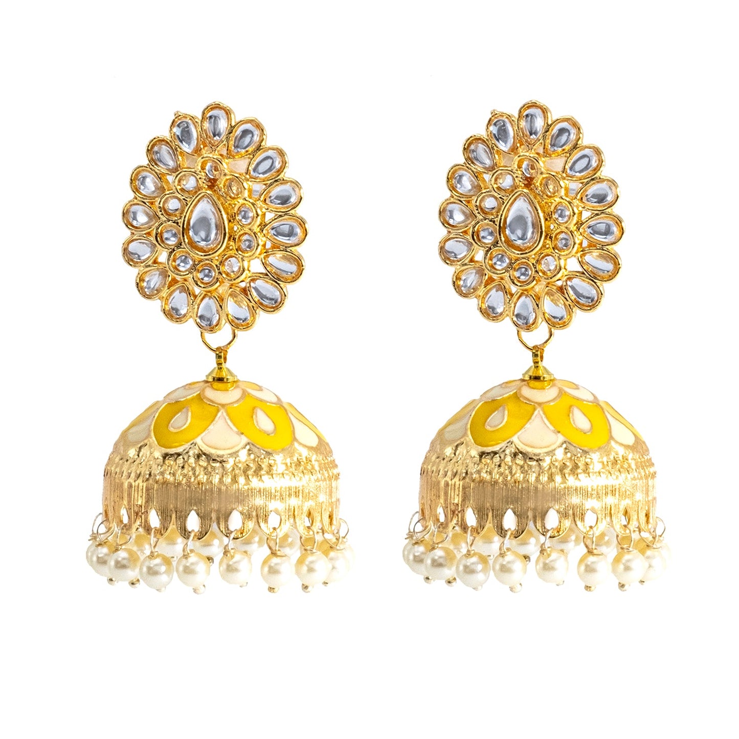 Shining Jewel Traditional Indian Gold Plated Kundan CZ, Crystal Meenakari,Enamel Studded Jhumka Earring For Women - Gold Yellow (SJE_144_G_Y)