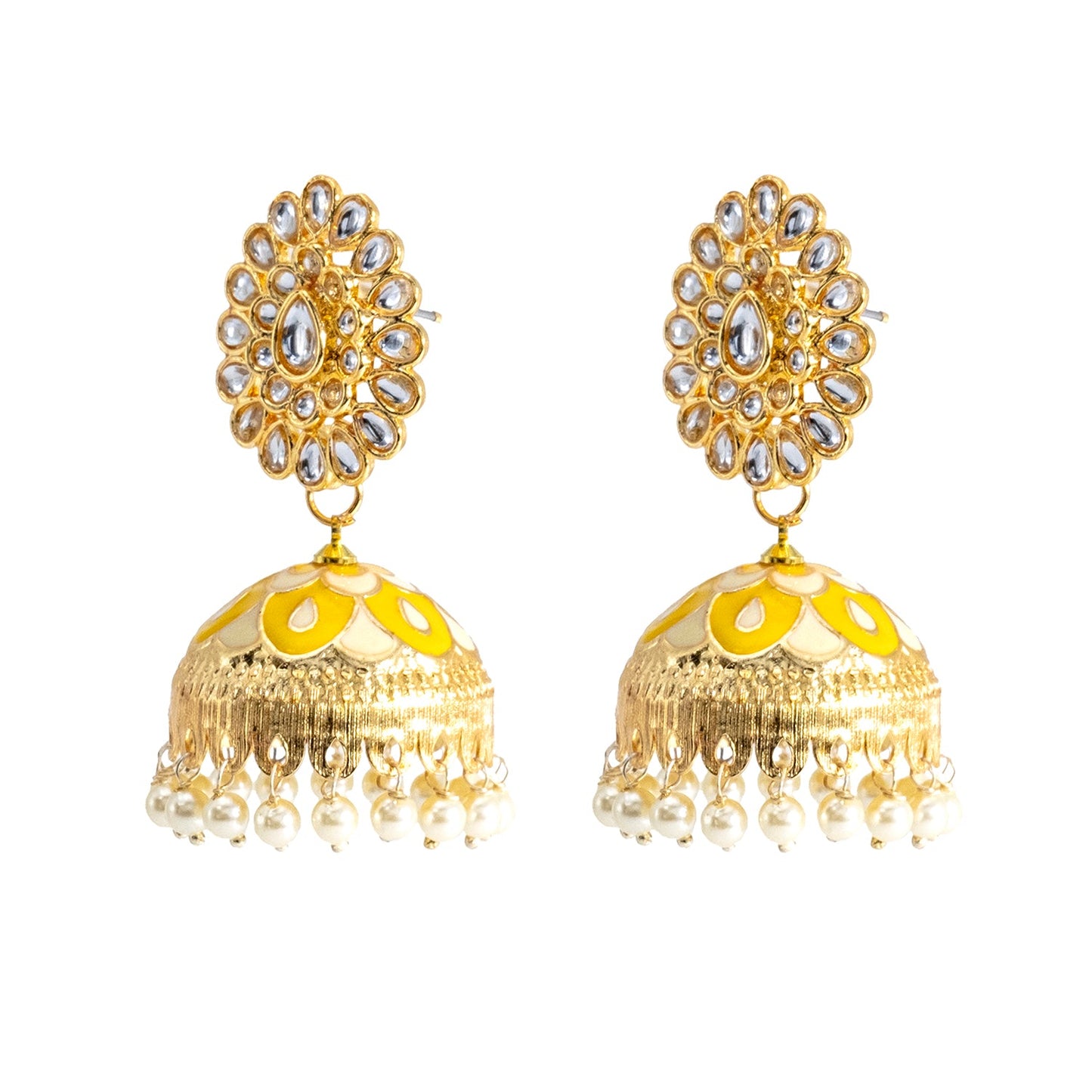 Shining Jewel Traditional Indian Gold Plated Kundan CZ, Crystal Meenakari,Enamel Studded Jhumka Earring For Women - Gold Yellow (SJE_144_G_Y)