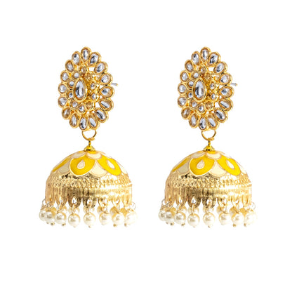 Shining Jewel Traditional Indian Gold Plated Kundan CZ, Crystal Meenakari,Enamel Studded Jhumka Earring For Women - Gold Yellow (SJE_144_G_Y)